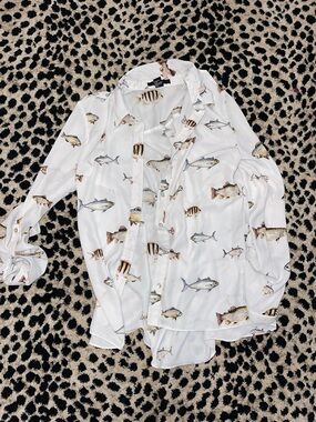 Forever 21 White Fish Print Button-Up Shirt